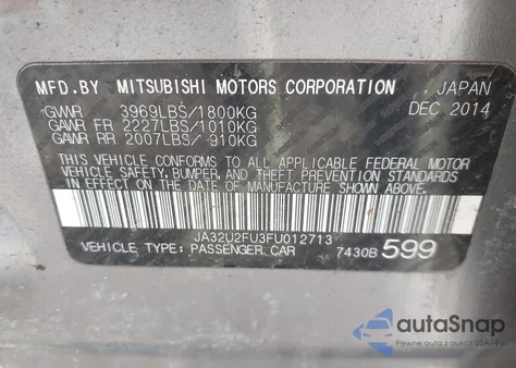 2015 Mitsubishi Lancer Es из США, поврежденный, VIN JA32U2FU3FU012713